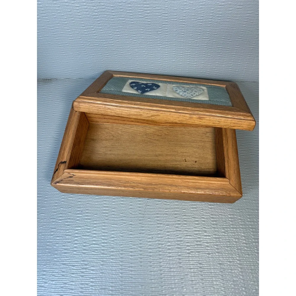 Vintage Oak Trinket Box Quilted Heart Inlay Blue Country Decor